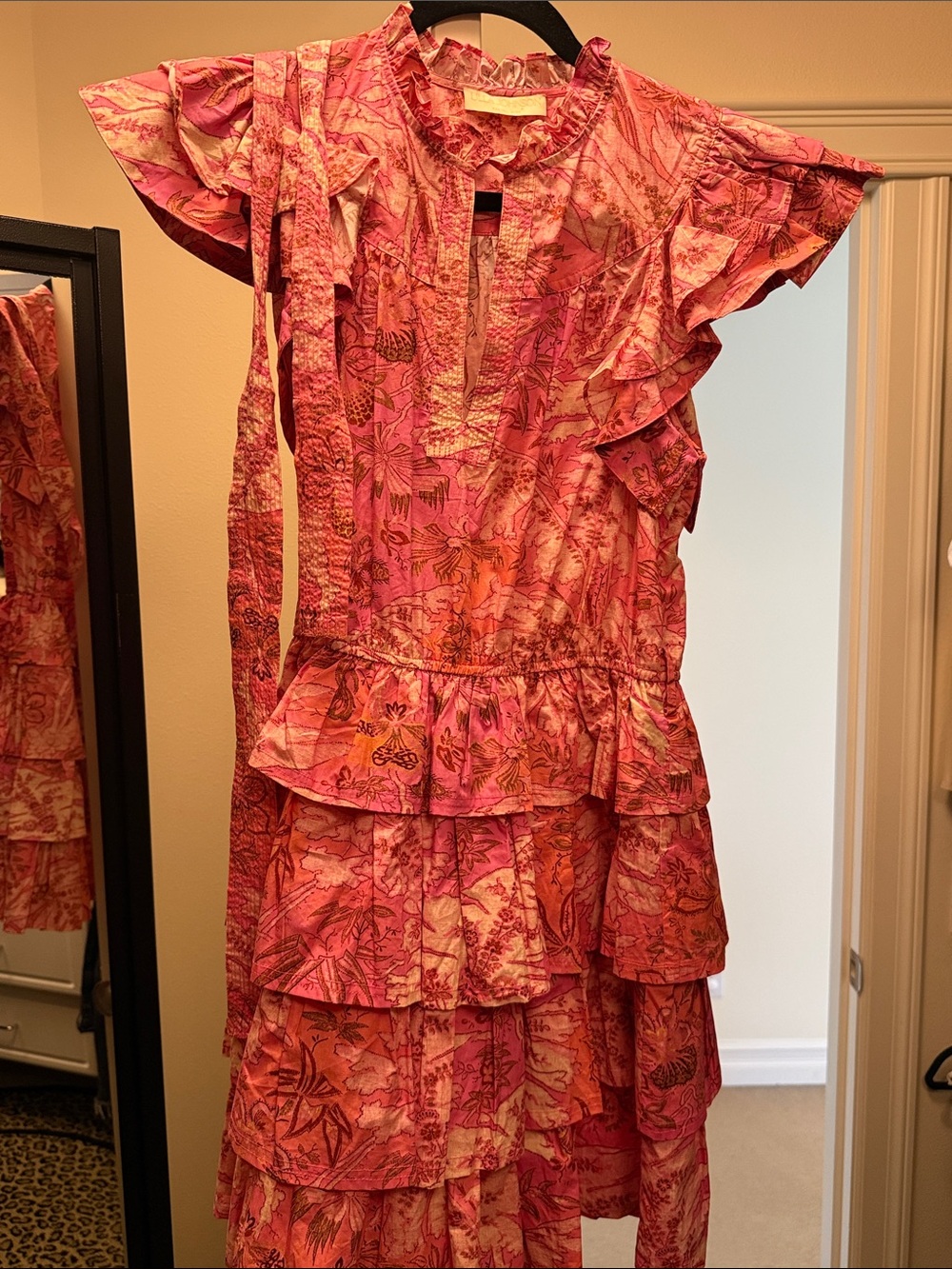 Ulla Johnson Pink Floral Tiered Ruffle Mini Dress